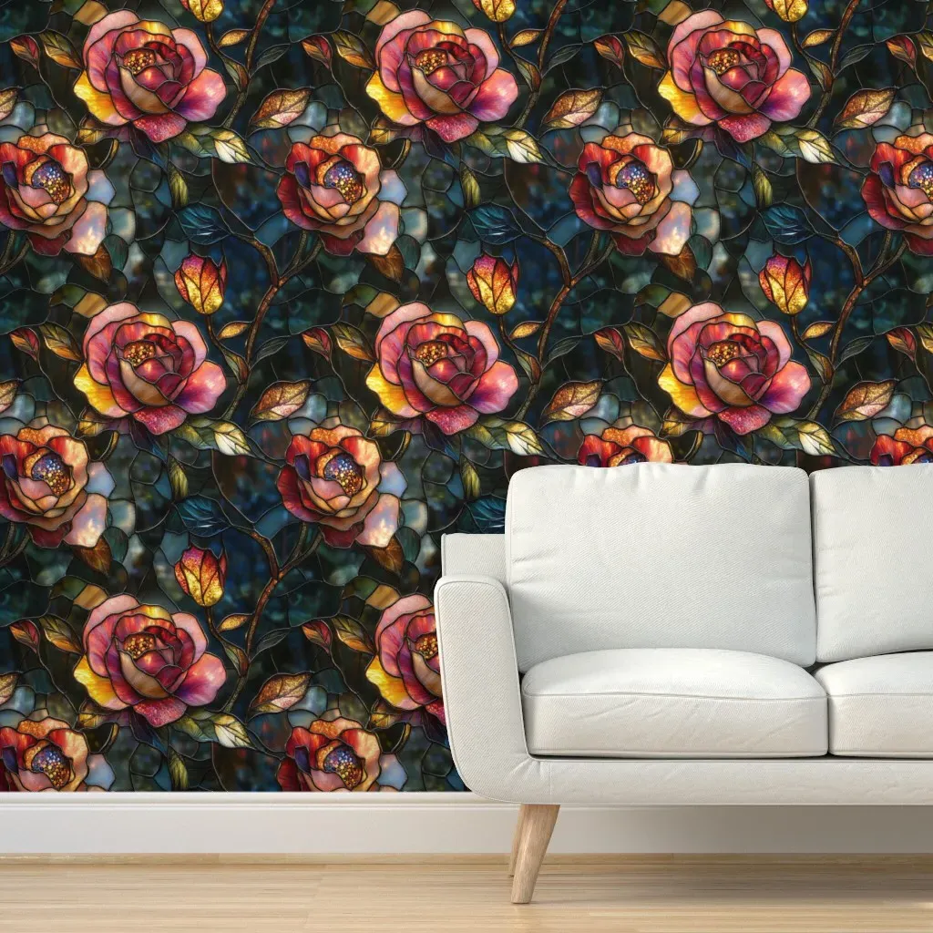 Stained Glass Fire Kissed Roses Peel and Stick Wallpaper - Burgundy product