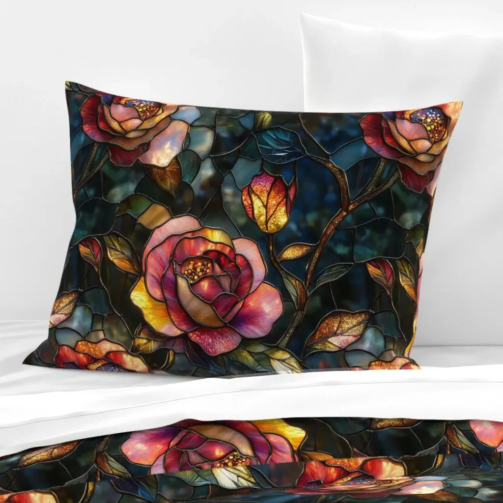 Stained Glass Fire Kissed Roses Standard Pillow Cover - Burgundy, Cotton Sateen product