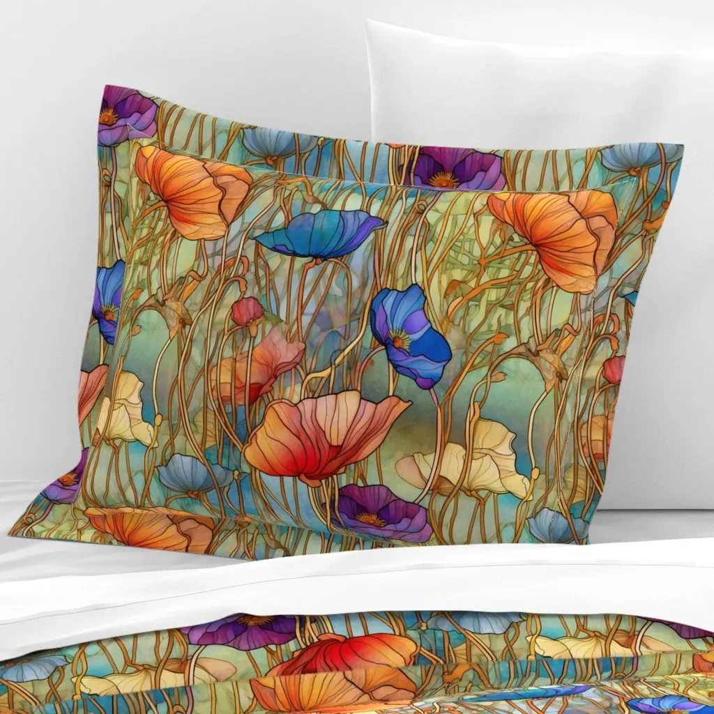 Stained Glass Poppies Watercolor Floral Standard Pillowcase - Red, Cotton Sateen product