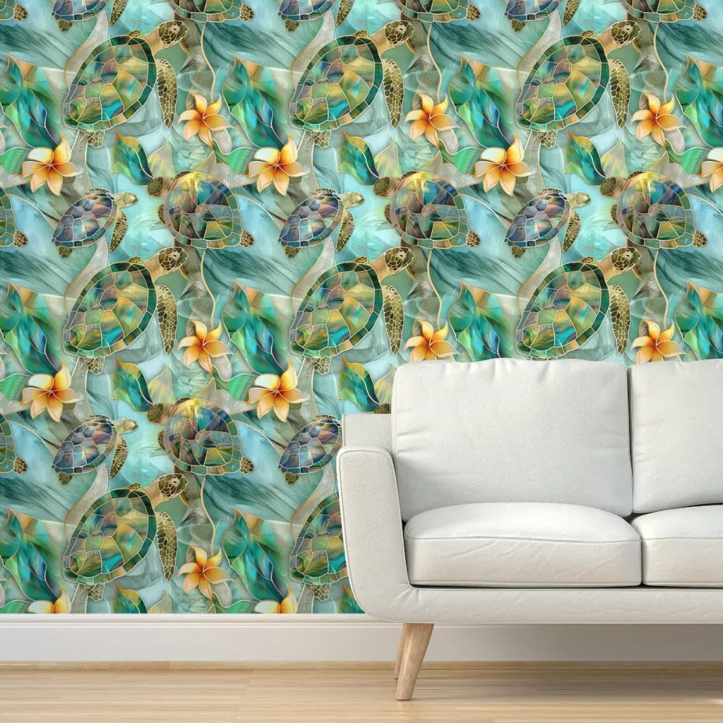 Stained Glass Sea Turtles & Flowers Peel & Stick Wallpaper - Teal product