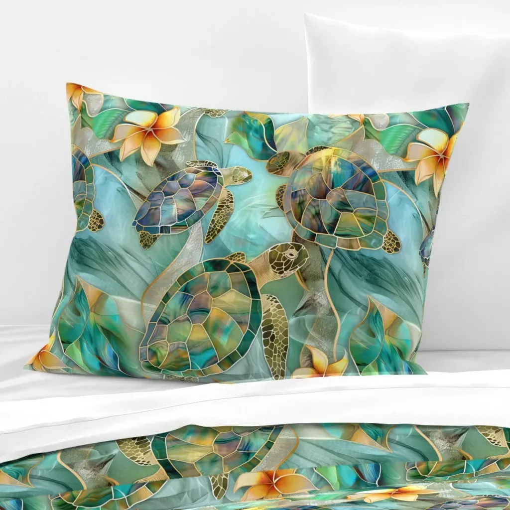 Stained Glass Sea Turtles & Flowers Standard Cushion Cover - Teal, Cotton Sateen product