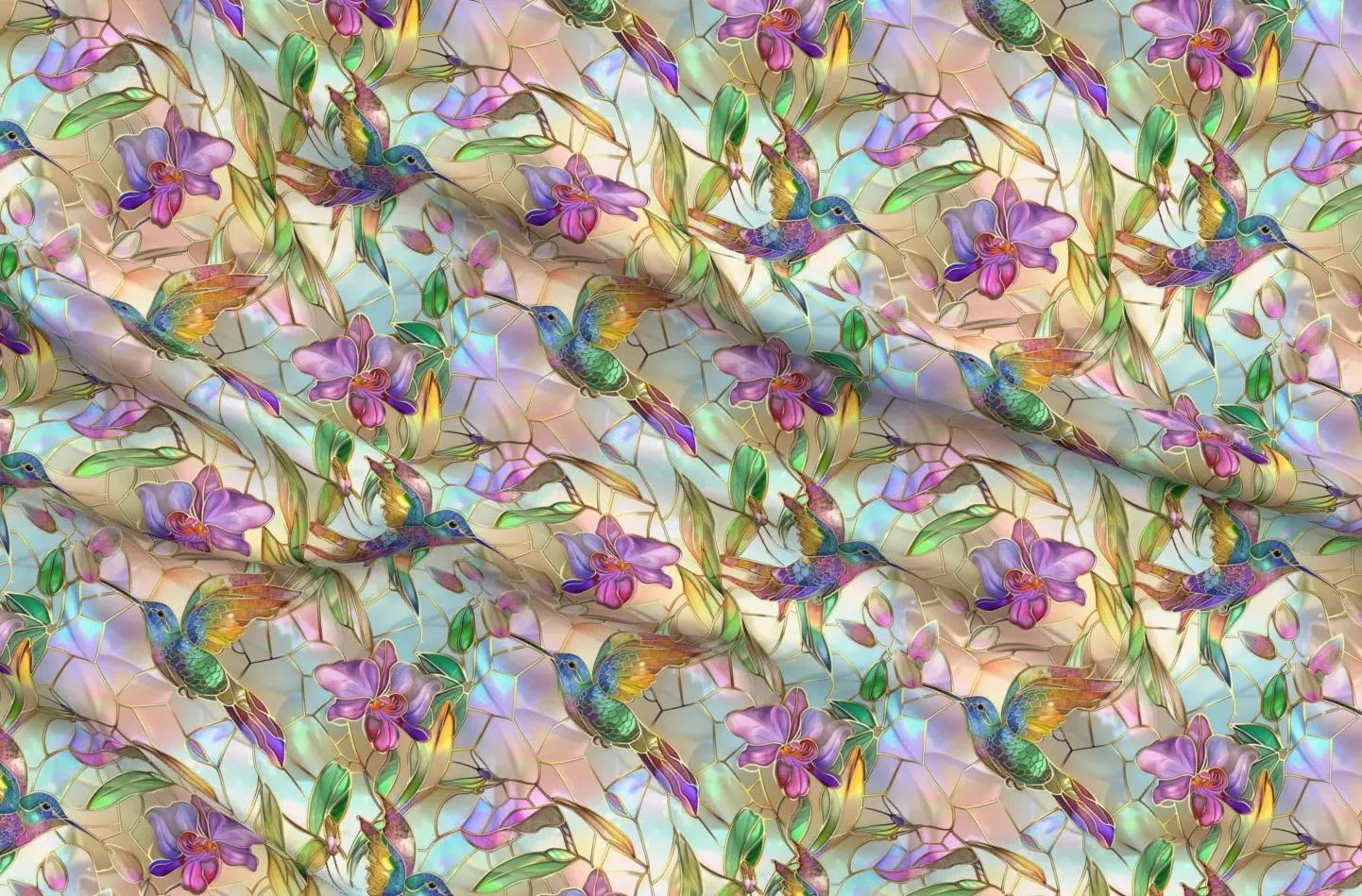 Stained Glass Watercolor Hummingbirds Pique Fabric - Purple product