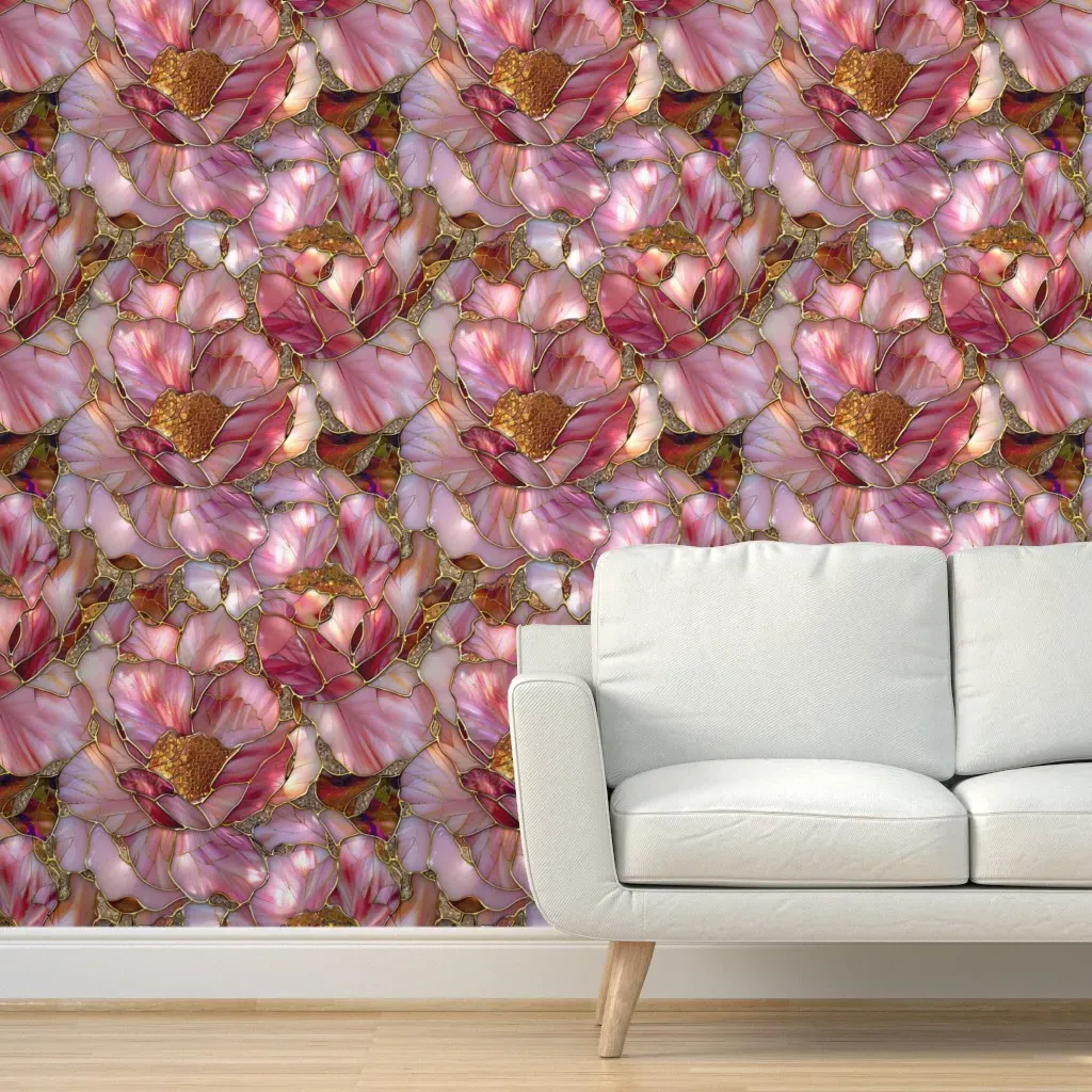 Stained Glass Watercolor Roses Peel and Stick Wallpaper - Pink, Gold product