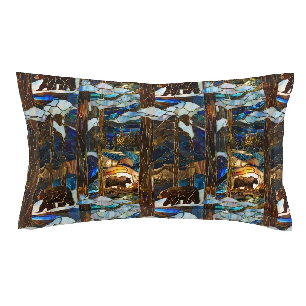 Stained Glass Woodland Bears Winter Forest King Pillow Sham - Dark Brown product