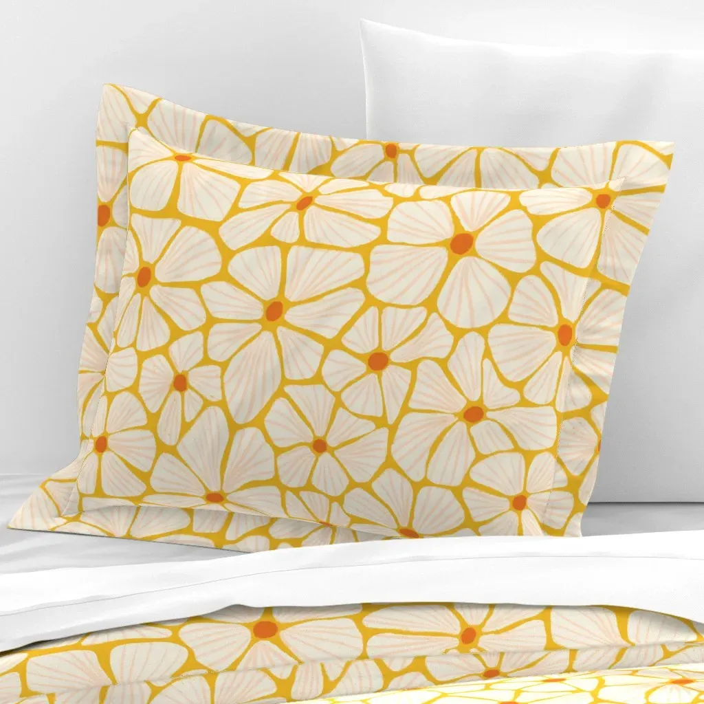 Standard Flanged Pillowcase 70s Flowers - Yellow, Cotton Sateen product