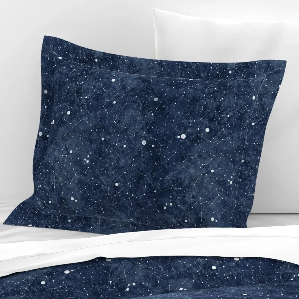 Star Constellations Handdrawn Standard Flanged Pillowcase - Dark Blue, Cotton Sateen product