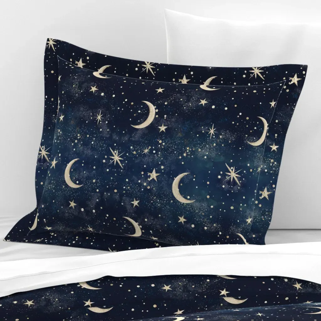 Stardust Galaxy Moon & Stars Standard Flanged Pillowcase - Navy Blue, Cotton Sateen product