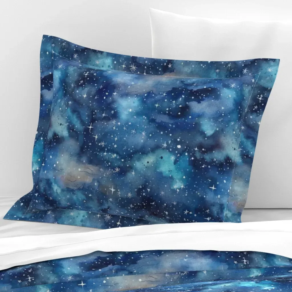 Stars At Midnight Galaxy Nebula Standard Flanged Cushion - Dark Blue, Cotton Sateen product
