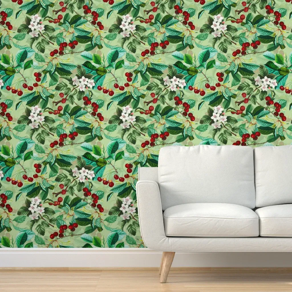 Stone Fruit Cherry Blossoms Peel and Stick Wallpaper - Red, Green product
