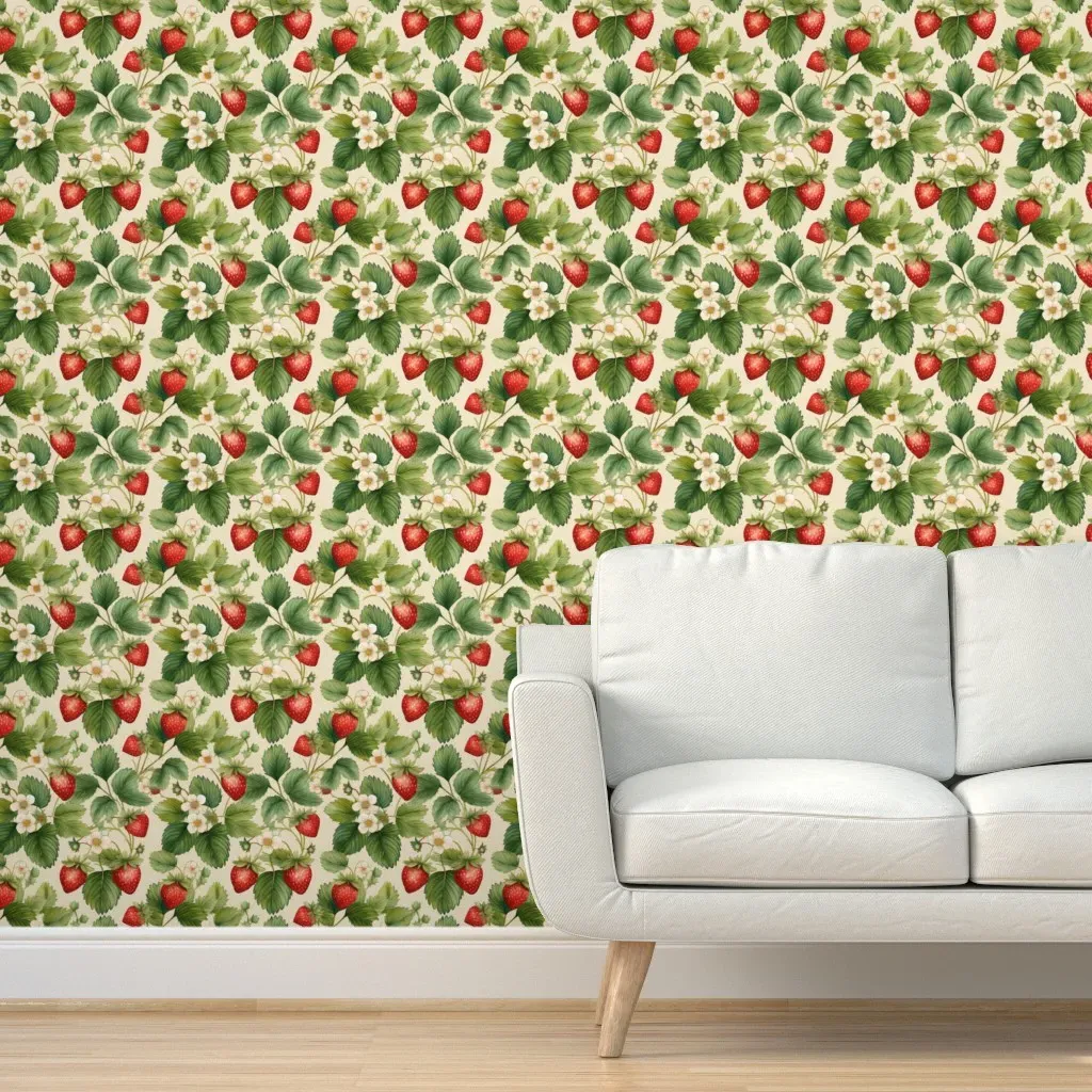Strawberries And Blooms Peel and Stick Wallpaper - Red, Cream product