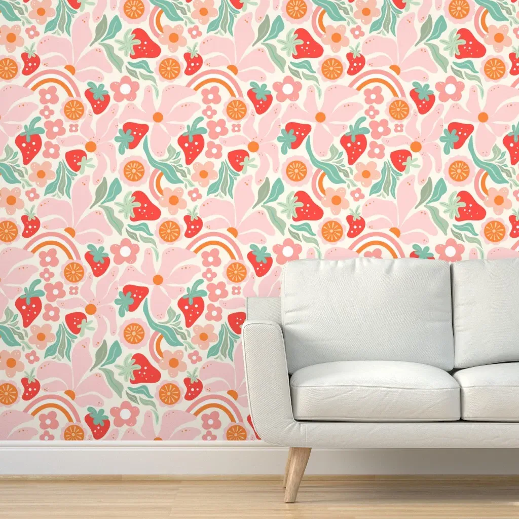 Strawberries In 70S Peel and Stick Wallpaper - Pink product