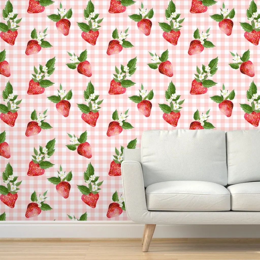 Strawberries Pink Gingham Peel and Stick Wallpaper - Pink product