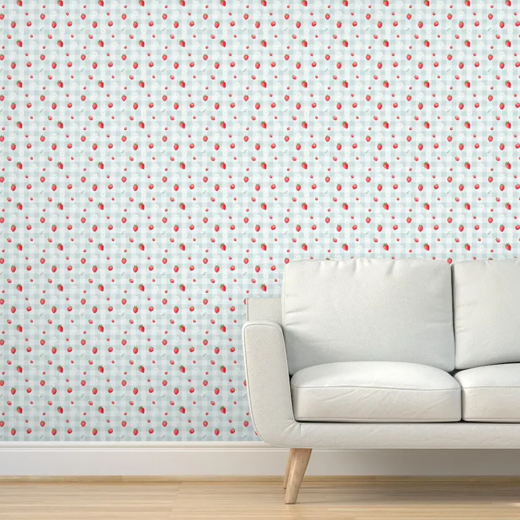 Strawberry Gingham Peel and Stick Wallpaper - Light Blue product