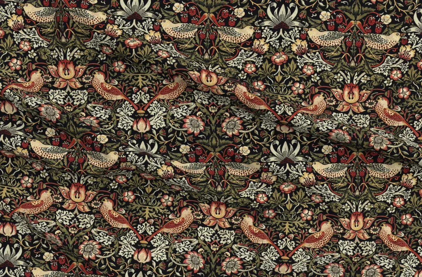 Strawberry Thief Gold on Black Sport Pique Fabric - Red product