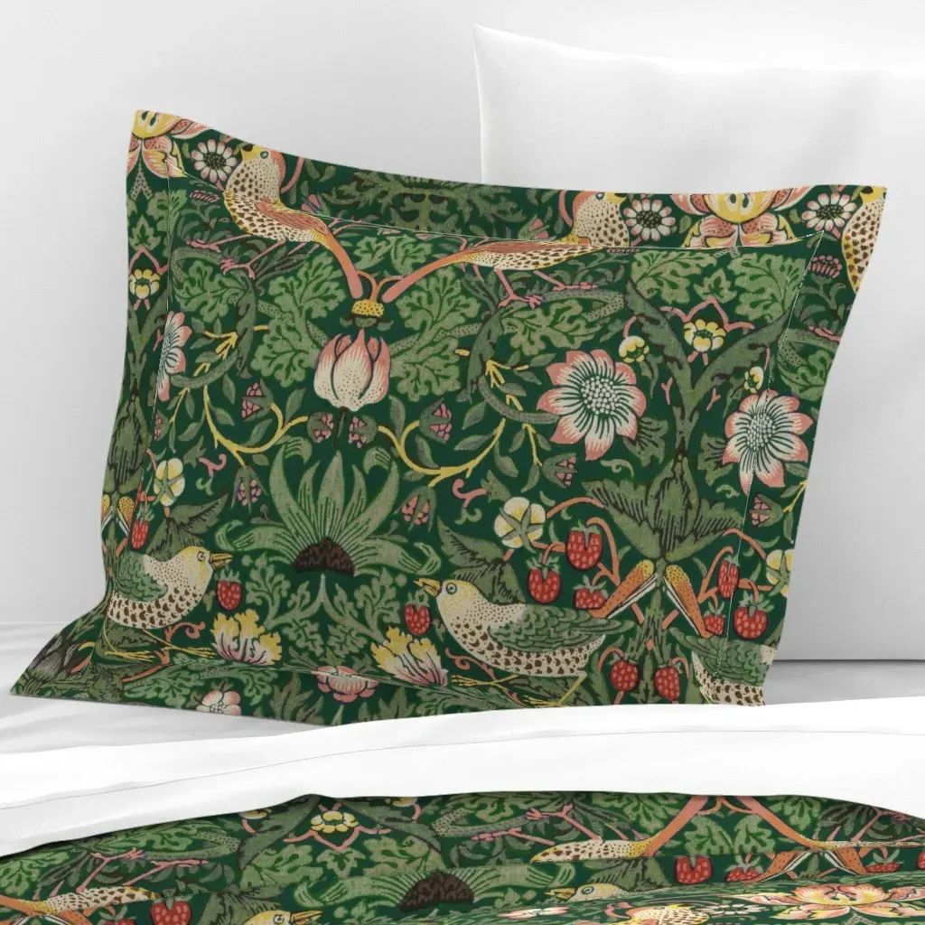 Strawberry Thief Redux William Morris Standard Flanged Pillow Sham - Dark Green, Cotton Sateen product