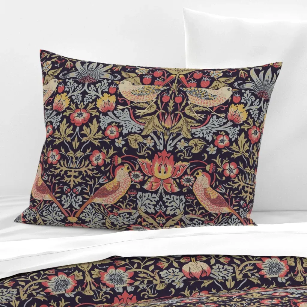 Strawberry Thief William Morris Tribute Standard Pillow - Dark Blue, Cotton Sateen product