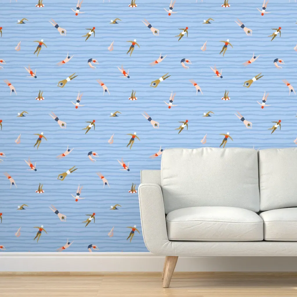 Striped Cute Swimmers Peel and Stick Wallpaper - Blue product