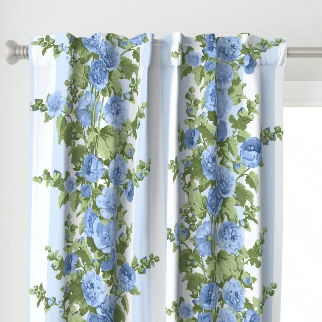 Striped Hollyhocks Curtain Panel - Blue alternate view
