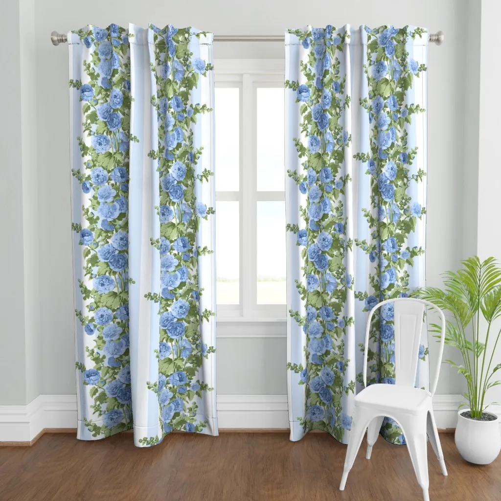 Striped Hollyhocks Curtain Panel - Blue product