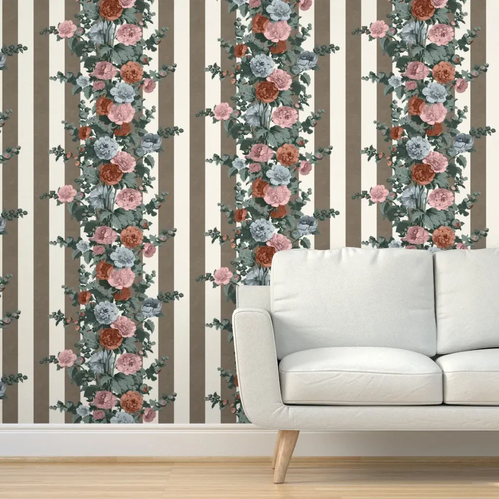 Striped Hollyhocks Peel and Stick Wallpaper - Brown product