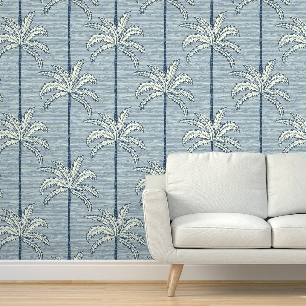 Striped Palm Trees Colonial Woodcut Peel and Stick Wallpaper - Navy Blue, White product