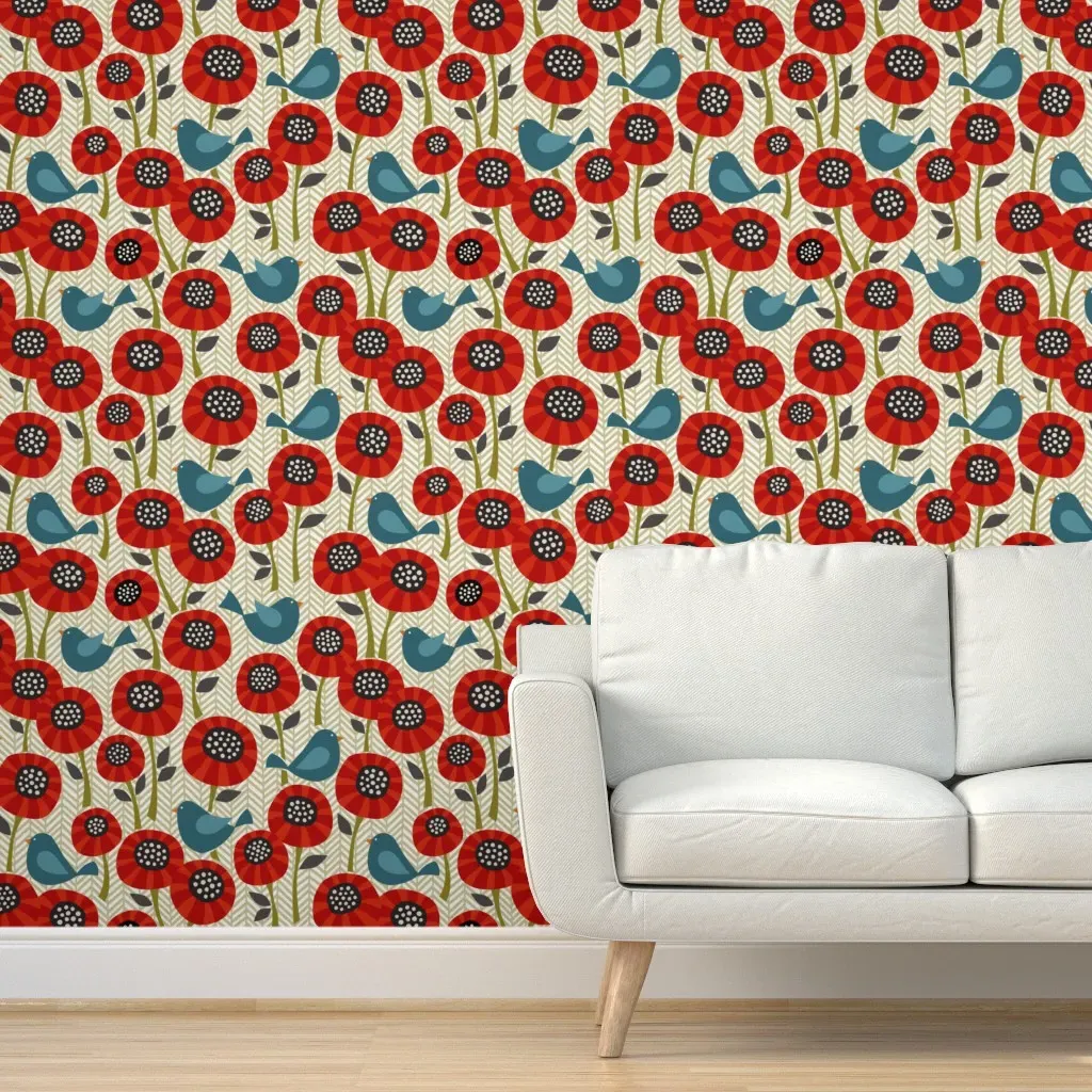 Striped Poppies On Chevron Peel and Stick Wallpaper - Red product