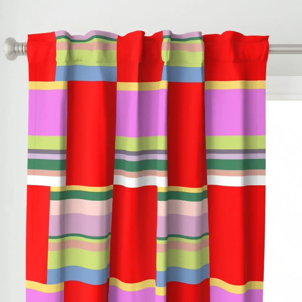 Stripes With Red Squares Curtain Panel - Red alternate view
