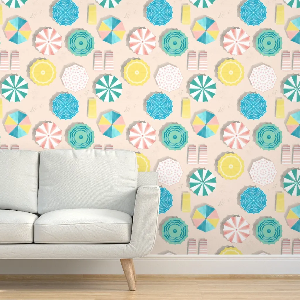 Summer Beach Umbrellas Peel and Stick Wallpaper - Teal product