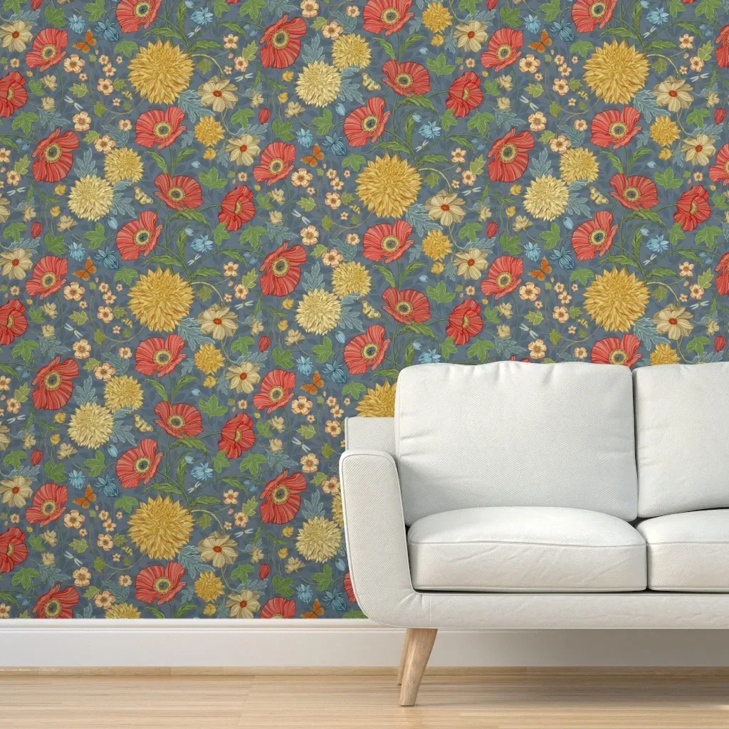 Summer Garden Blue Gray Background Peel and Stick Wallpaper product