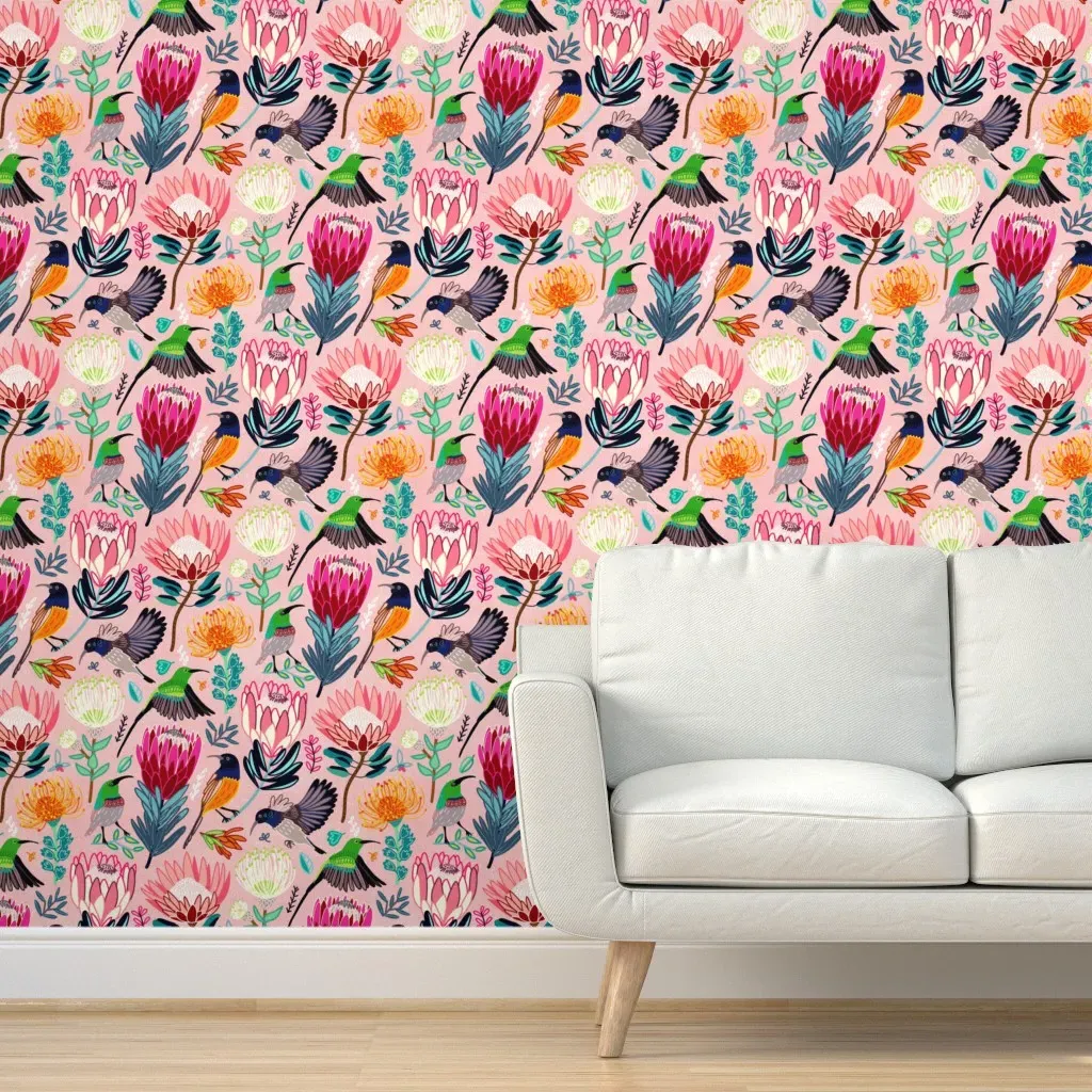 Sunbirds & Proteas Peel and Stick Wallpaper - Pink, Blue, Green product