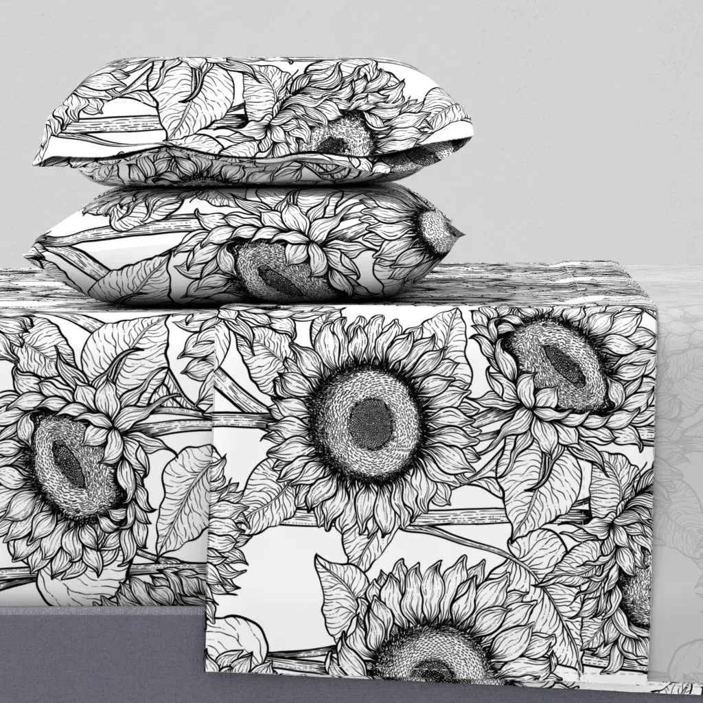 Sunflowers In Black And White Queen Sheet Set - Black product