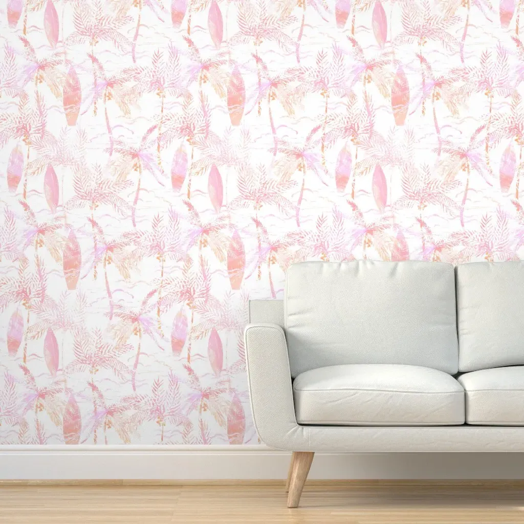 Surf Palm Beach Print Peel and Stick Wallpaper - Pink product