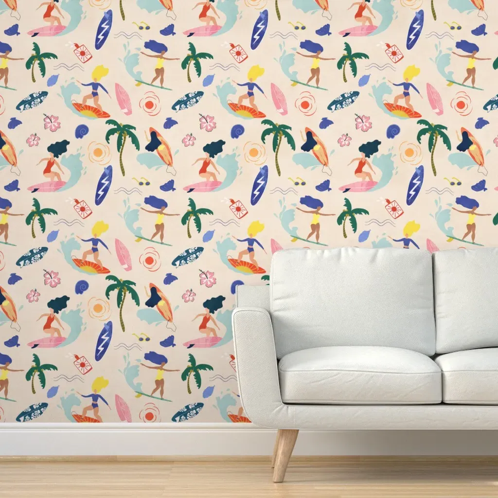 Surfing Girl Peel and Stick Wallpaper - Beige product