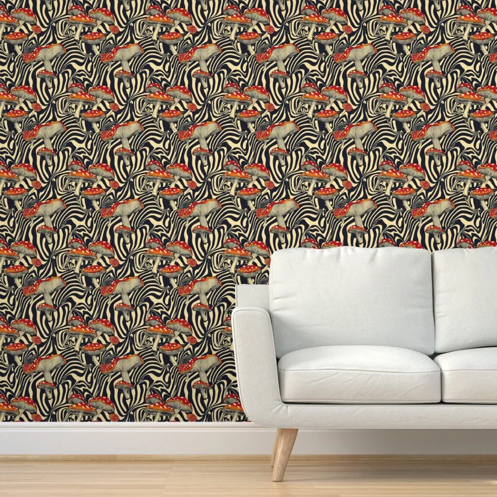 Surreal Vintage Mushroom Swirl Peel and Stick Wallpaper - Red product