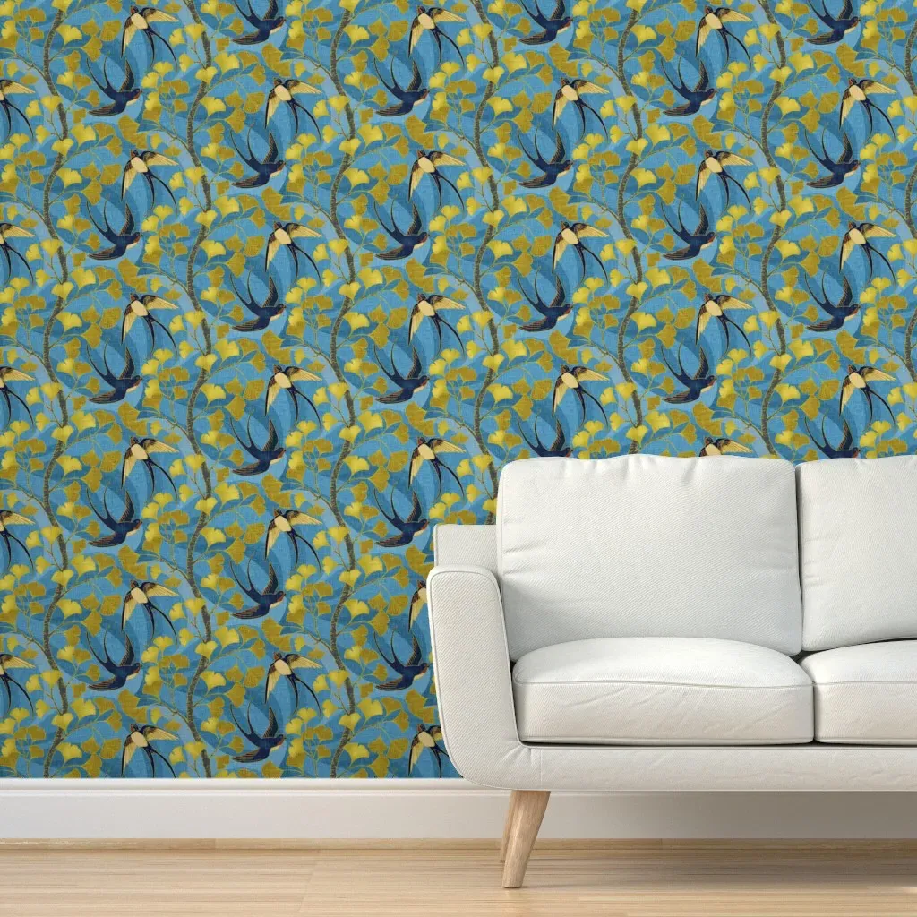 Swallow And Gingko Peel and Stick Wallpaper - Yellow product
