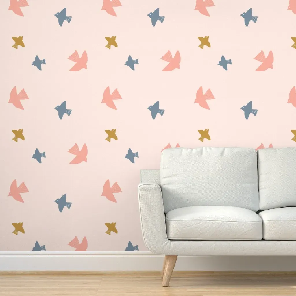Swallows Flock Peel and Stick Wallpaper - Light Coral Pink product