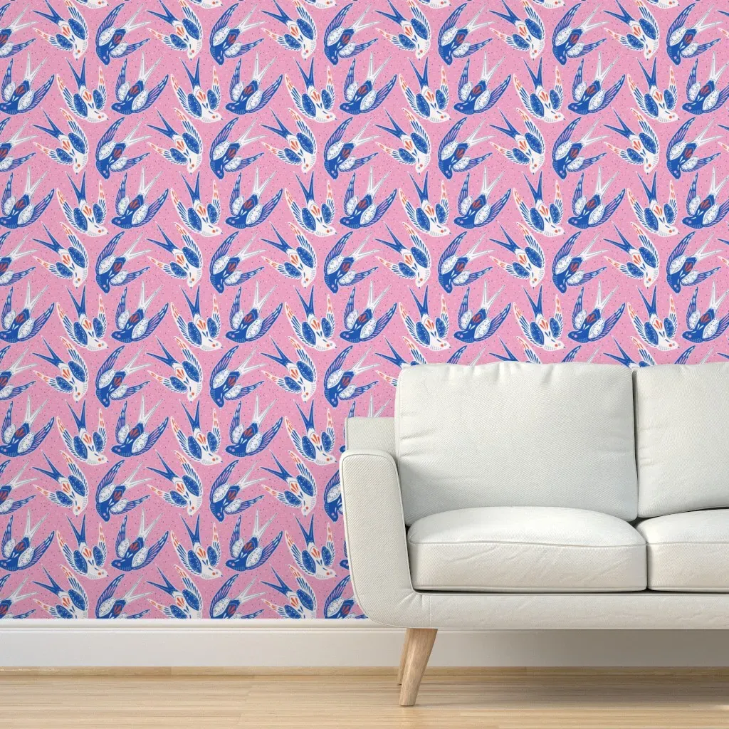 Swallows In Confetti Skies Peel and Stick Wallpaper - Pink product