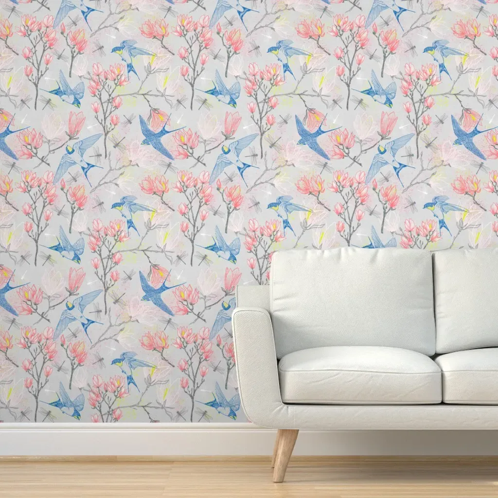 Swallows & Magnolias Large Scale Peel and Stick Wallpaper - Silver product