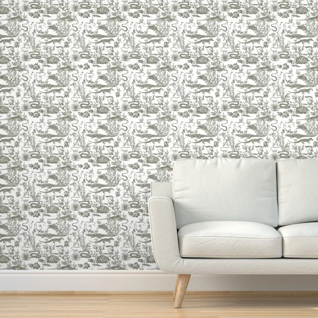 Swamp Animal Toile De Jouy Peel and Stick Wallpaper - Dark Green product
