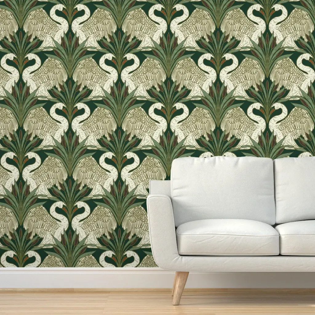 Swans And Cattails On The Lake Peel and Stick Wallpaper - Off-White product