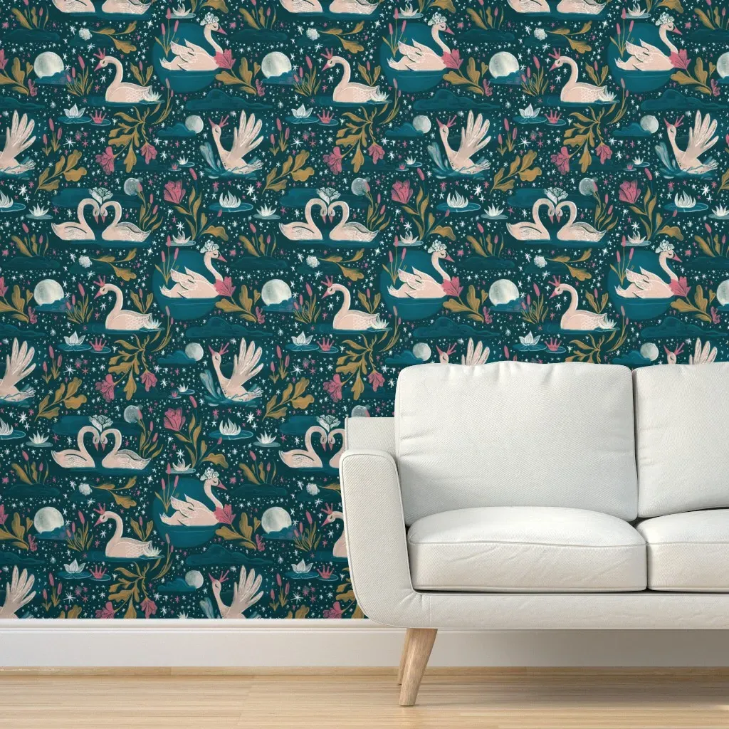 Swans At Moonlight Peel and Stick Wallpaper - Teal, Gold product