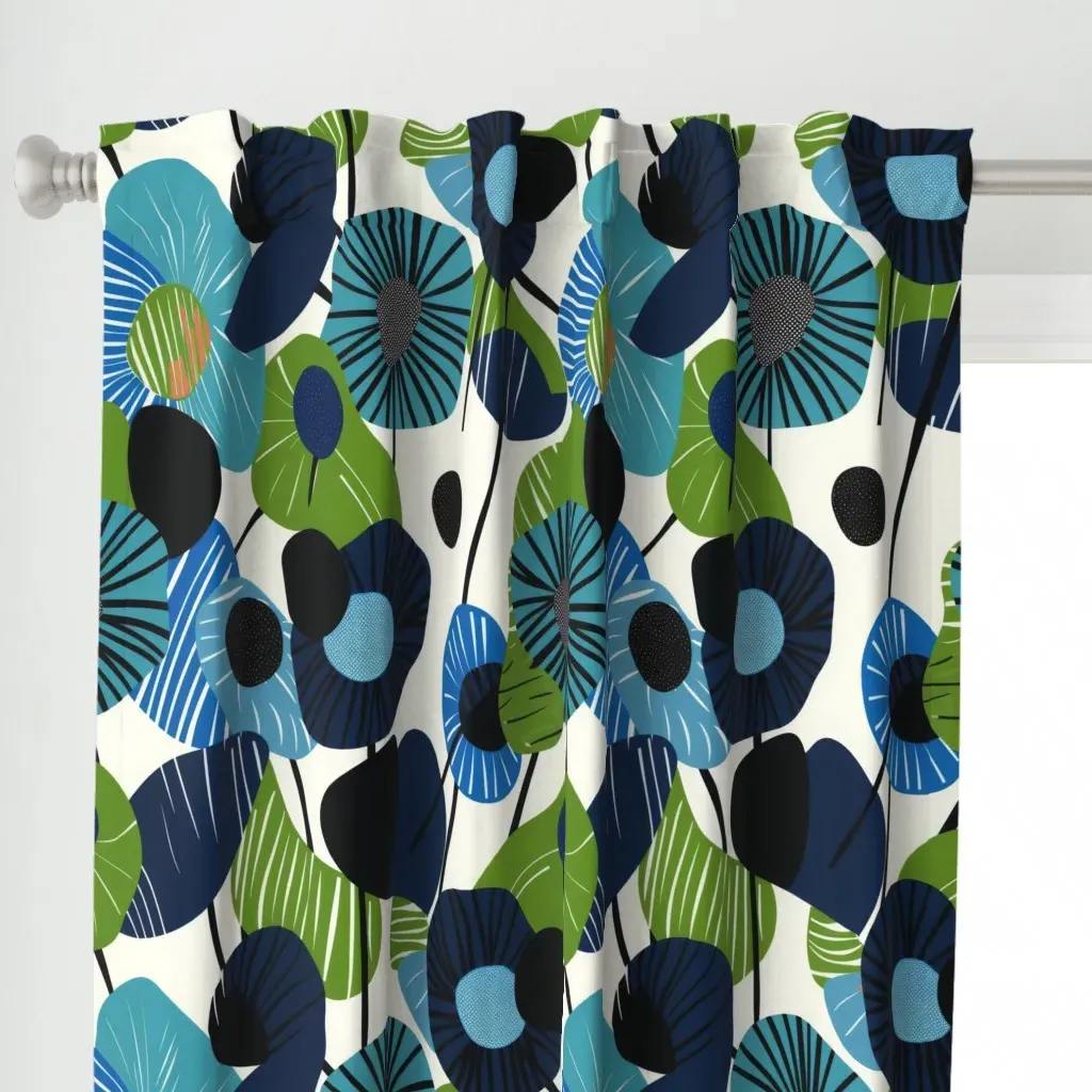 Swedish Abstract Poppies Curtain Panel - Blue alternate view