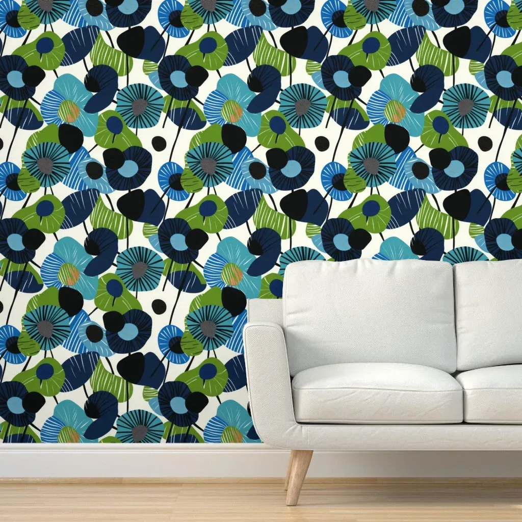 Swedish Abstract Poppies Peel and Stick Wallpaper - Blue product