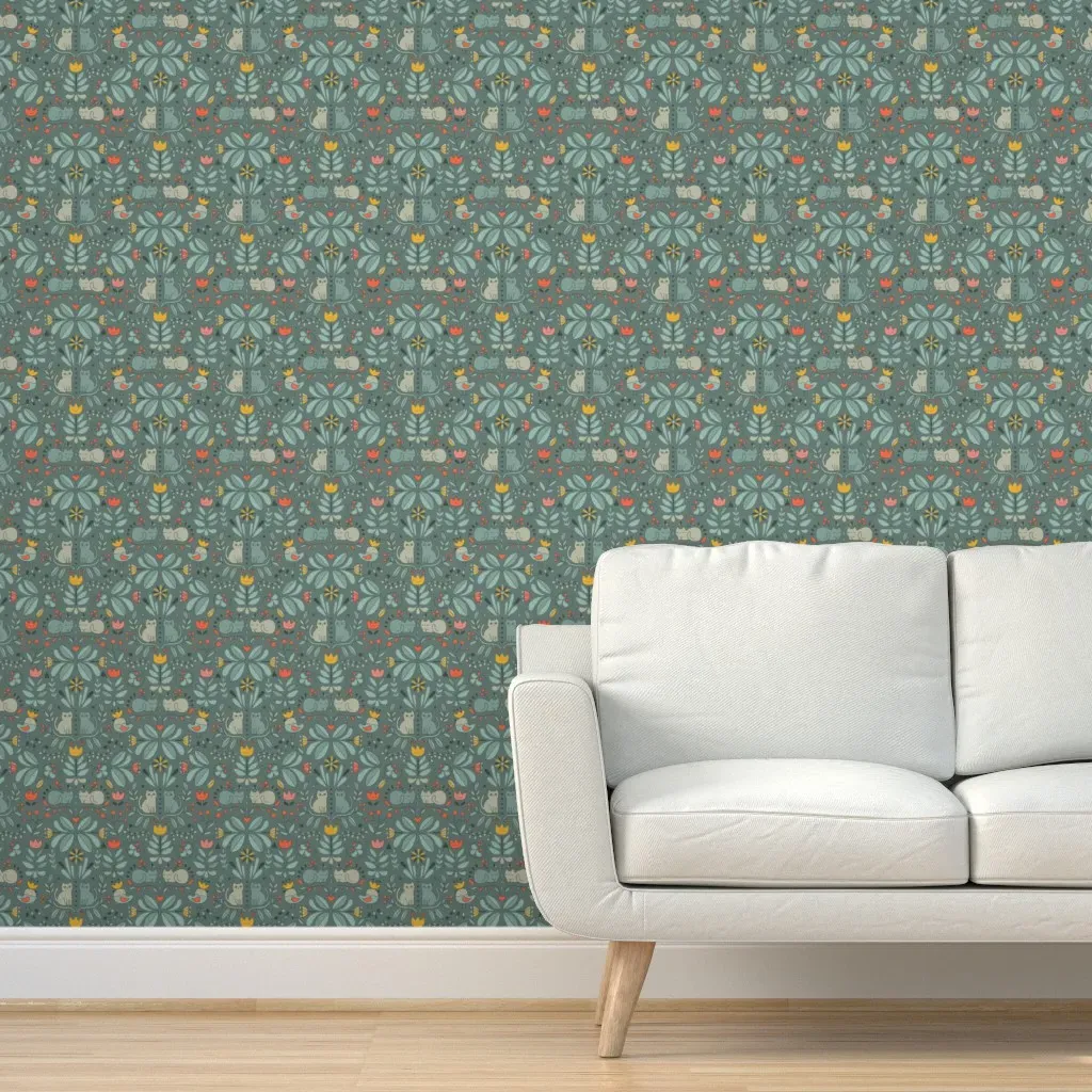 Swedish Folk Art Cats and Flowers Peel and Stick Wallpaper - Teal product