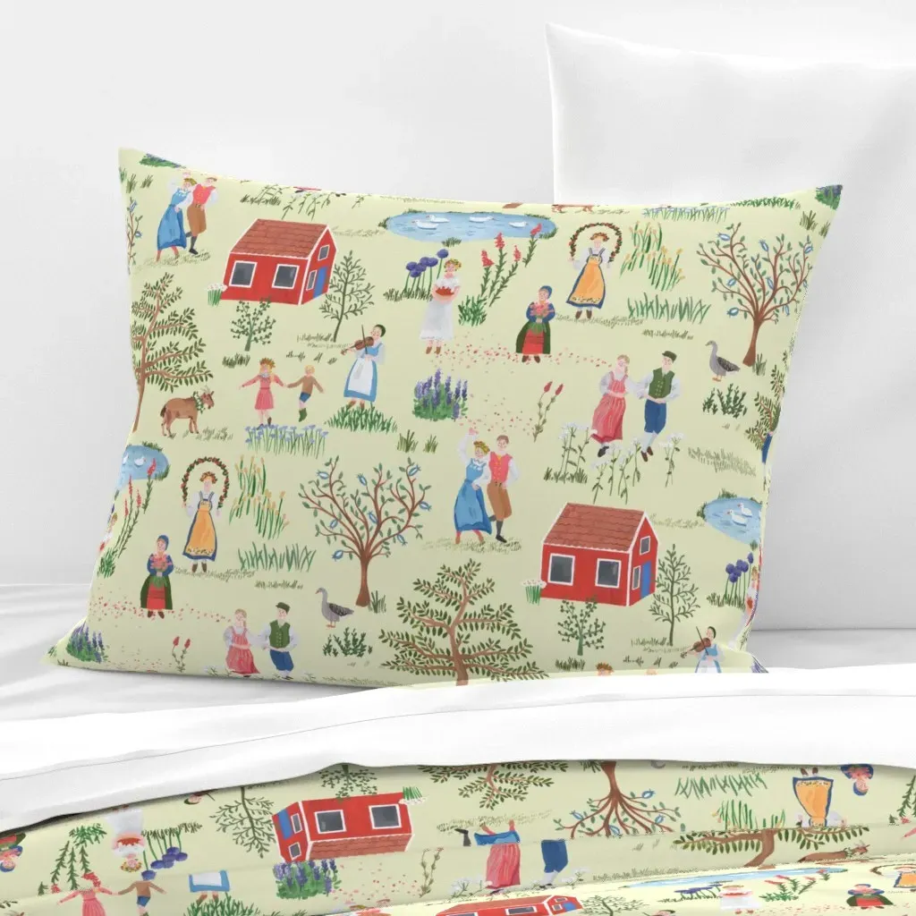 Swedish Folk Art Midsummer Standard Knife Edge Pillow - Pale Yellow Green, Cotton Sateen product
