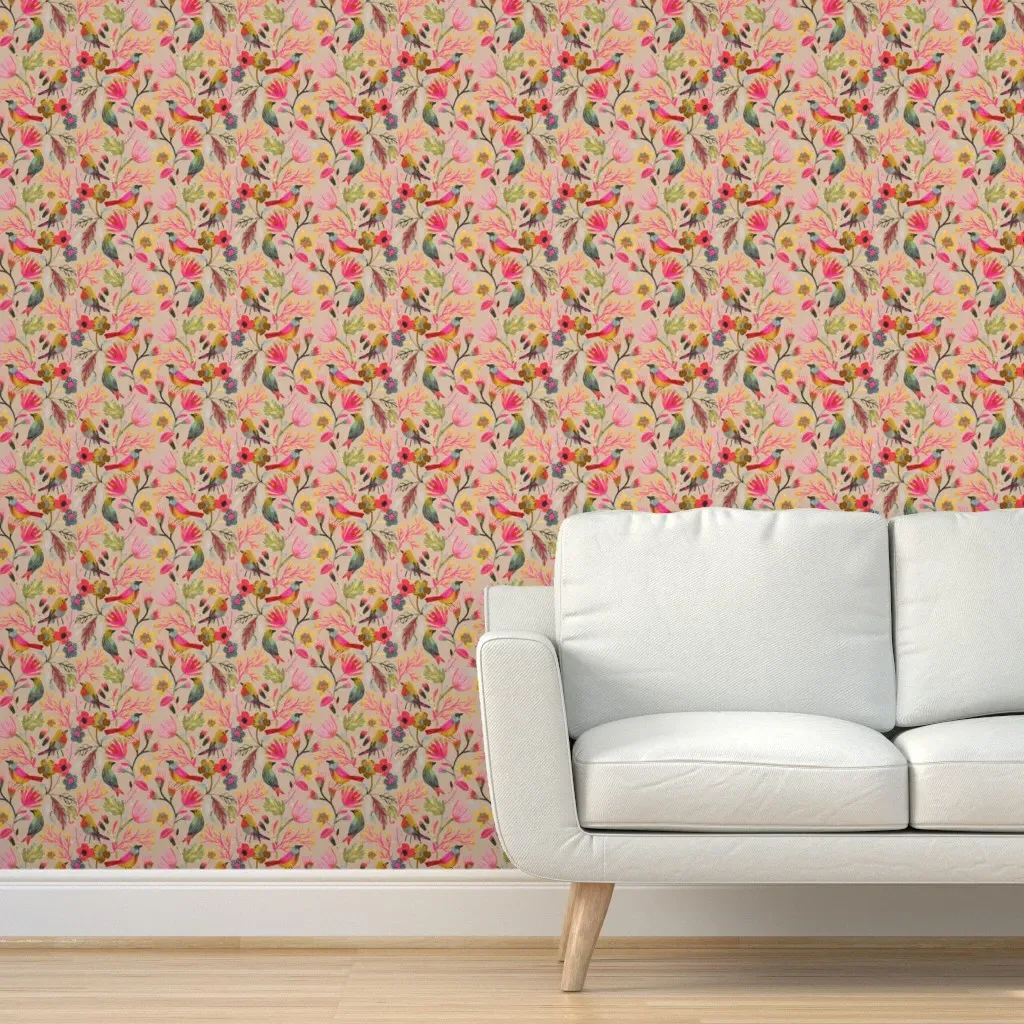 Sweet Watercolor Birds Peel and Stick Wallpaper - Pink, Beige product