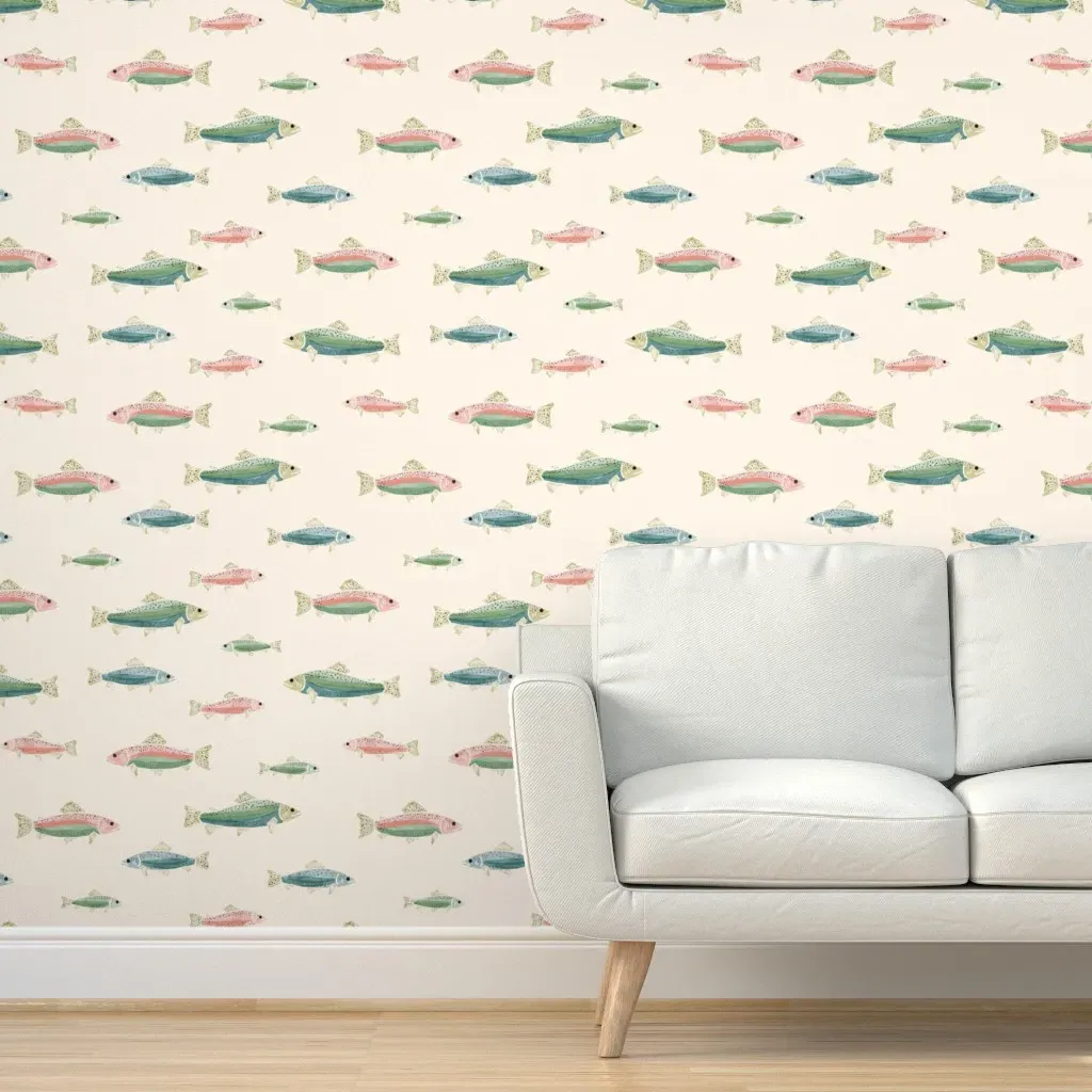 Swimming Rainbow Trout Fish Peel and Stick Wallpaper - Green, Cream product