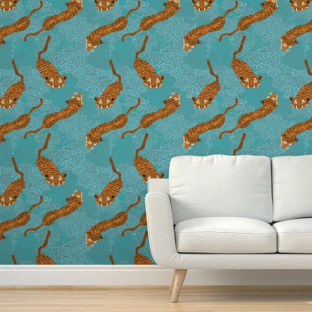 Swimming Tigers Peel and Stick Wallpaper - Mint product