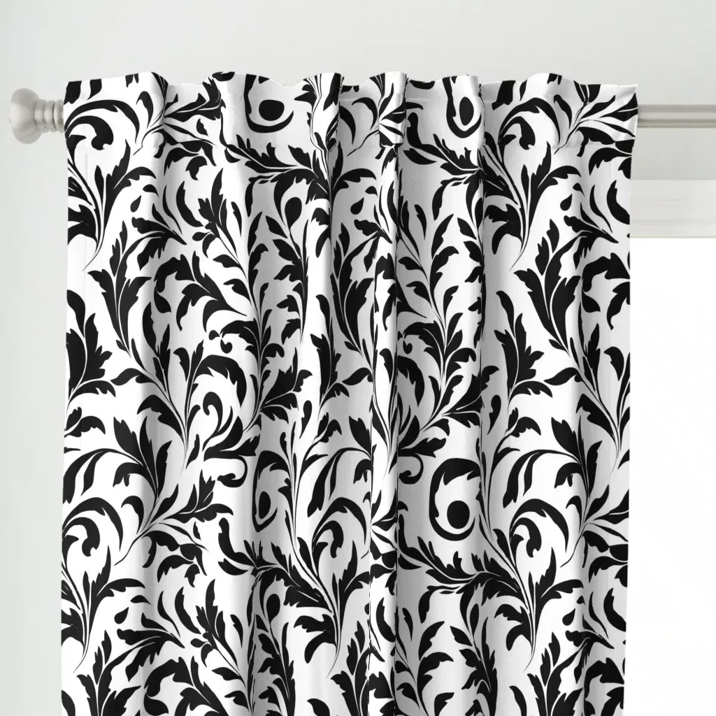 Swirly Black Leaf Curtain Panel - Black alternate view