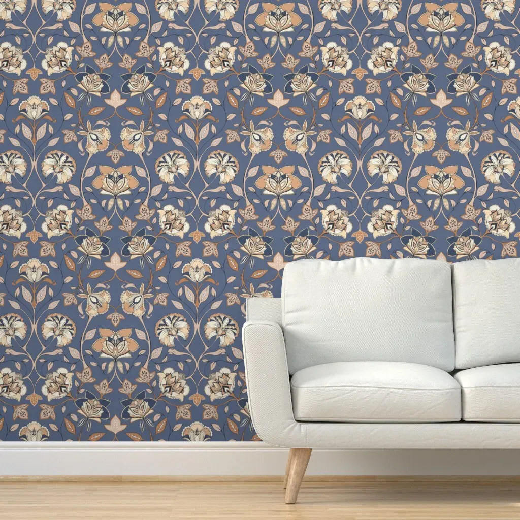 Symmetrical Indian Floral Damask Peel and Stick Wallpaper - Indigo Blue Tan product
